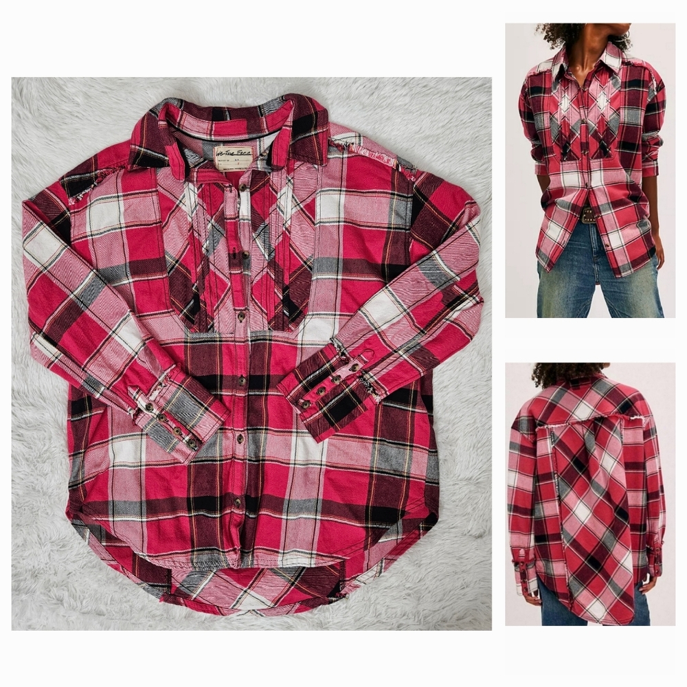 Free People We The Free Layla Plaid Shirt Deep Red Combo